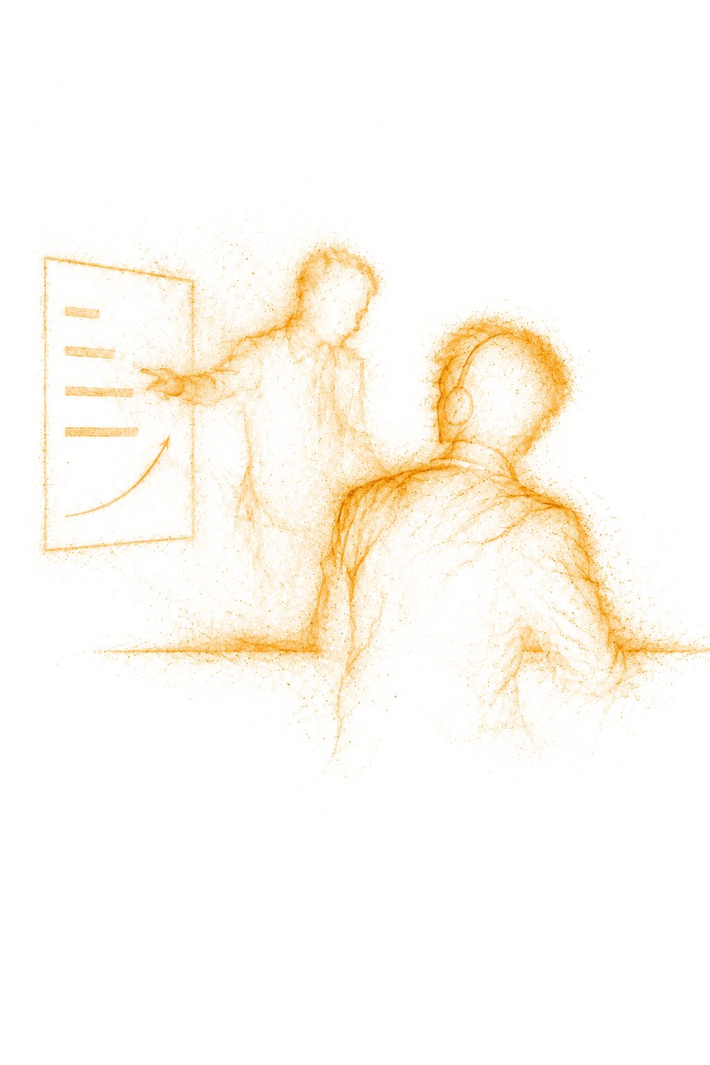 Image générée : une silhouette de poussière ambre assise, une seconde figure debout devant un tableau, penchée vers elle